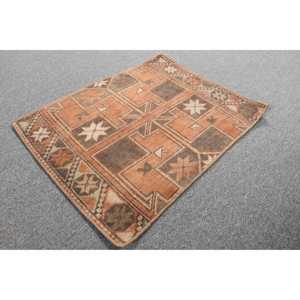 Vintage Turkish Rug 1.7x2.2 ft (51x66 cm), <b>Brown</b> Floral <b>Wool</b> Rug - Product Image 4