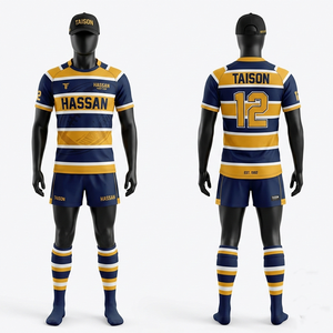 Maillot et short de rugby pour hommes, uniforme en polyester interlock 180 GSM, respirant, séchage rapide, panneaux latéraux bleu marine, logo d'équipe par sublimation - Product Image 5