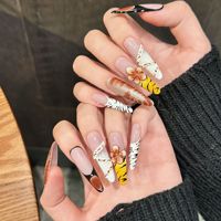 Ongles acryliques extra longs pré-conçus en forme de goutte d'eau brun ambré Design tropical doigt