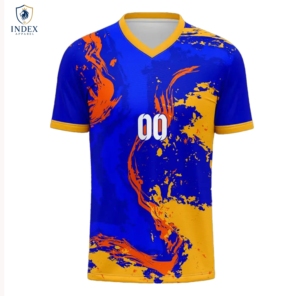 Maillot de football sublimé pour homme Index Apparel, col en V, manches courtes, bleu jaune, imprimé abstrait, respirant, coupe régulière - Product Image 1