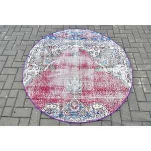 Turkish Round Rug 4.6x4.7 ft, <b>Red</b> Blue Floral Rug <b>Wool</b> - Product Image 1