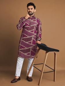 <b>Men</b> Festive Premium Soft Cotton Foil Print <b>Kurta</b> Pyjama for Online Sale - Product Image 2