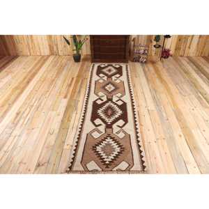 3.2x9.9 ft Rug, Vintage Turkish Rug, <b>Brown</b> Kilim <b>Wool</b> Rug - Product Image 1