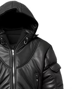 Chaqueta de cuero personalizada para hombre, piel de oveja negra con capucha, ligera, acolchada, elegante, suave, informal - Product Image 6