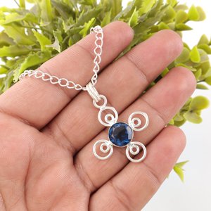 Collier pendentif croix spirale en topaze bleue de Londres, taille ronde, en argent 925, bijoux fins, cadeau de Saint-Valentin pour elle - Product Image 1