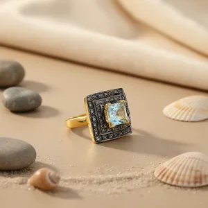 Women's <b>Statement</b> <b>Ring</b> with Blue Topaz & Black Diamonds Yellow Gold Oval Cut Rhodium Plated - Product Image 1