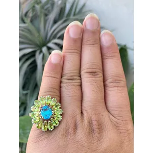 925 Silver Blue Topaz Peridot <b>Cocktail</b> <b>Ring</b> Vintage Romantic Style <b>Gold</b> Plated Inlay Lover's Shape Free Gemstone for Parties - Product Image 3