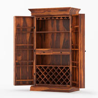 Meuble de rangement haut en teck massif écologique de qualité supérieure, style antique, pour vins et spiritueux, avec rangées de présentation, grand espace de rangement et porte-verres, pour la maison
