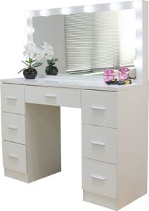 Table de maquillage <span class=keywords><strong>blanche</strong></span> avec ampoules LED, tiroirs et étagères ouvertes, table de maquillage pour chambre à coucher, salle de maquillage, coiffeuse moderne - Product Image 2