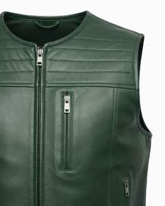 Men <b>Dark</b> <b>Green</b> Genuine Leather Biker Vest Sleeveless Stand Collar Zip Front <b>Waistcoat</b> with Utility Pockets - Product Image 2