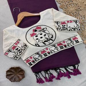 ヴァストラ・コテージ プレミアム・カディ・コットン・サリー、重厚な手刺繍ブラウス付き、エレガントな伝統的なインド民族衣装（女性用） - Product Image 6