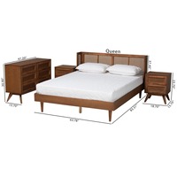 Ensembles de chambre à coucher chic vintage du milieu du siècle commode de lit à plate-forme en noyer 2 tables de chevet avec rotin tissé