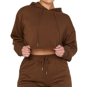 2025 gros manches longues culture coton ourlet brut haut à capuche et pantalon de survêtement ensemble marron costume décontracté 2 pièces ensemble à capuche pour les femmes - Product Image 1
