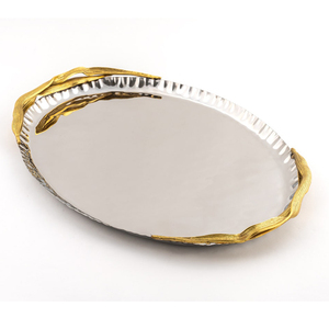 ชุดถาดเสิร์ฟ 2 ใบ ทำจากโลหะแข็งแรง รูปทรงกลม ผิวเงาสีเงิน ดีไซน์เฉพาะ พร้อมหูจับหินอาเกต - Product Image 2