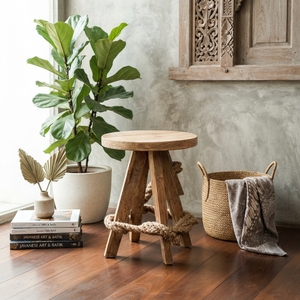 Modern Round Solid <b>Wood</b> <b>Stool</b> Natural Rustic Chair Accent Furniture With Thick Rope Detail For Contemporary Home Decor Setup Art - Product Image 5