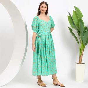Handmade Indian Cotton <b>Dress</b> for Women Stylish <b>Floral</b> Block Printed Summer Casual Party Wear for Bridal Gifts ODM Supply - Product Image 3