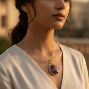 Collier pendentif géométrique en rubis plaqué rhodium pour femmes, or 14 carats, or rose, design floral tendance, cadeau - Product Image 3