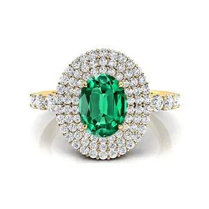Adorable Design Oval Cut Natural Emerald Gemstone Halo Style Cluster Rings in 18k Solid Gold Studded with Natural Diamonds Bulk