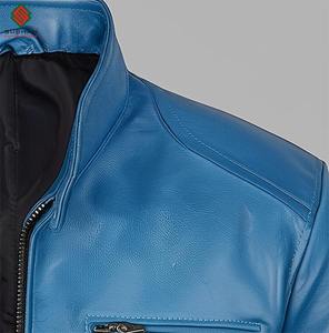 Chaqueta Bomber de Cuero Sintético Azul Cielo para Hombre, con Cierre de Cremallera y Cuello Alto |   Servicio OEM de Patrones Sólidos - Product Image 4