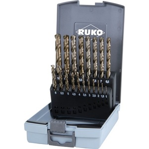 Straight <b>Drill</b> <b>Bits</b> RUKO HSS-Co5 Gold 19 Pieces 1-10mm 0.5mm DIN 338 Type VA Plastic <b>Case</b> - Product Image 1