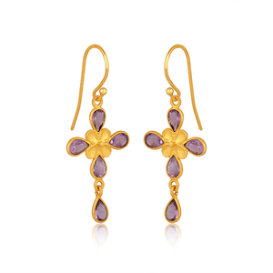 ต่างหูห้อยประดับคริสตัลอเมทิสต์ทรงกากบาทชุบทอง 24k ดีไซน์สวยหรู พร้อมกรอบเงิน จากผู้ผลิตเครื่องประดับ - Product Image 3