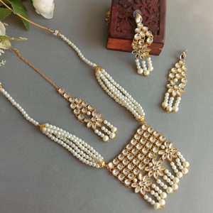 Indian Jewelry Kundan Crystal Faux Pearl Beaded Necklace <b>Earrings</b> Maang Tikka Head Chain Wedding Jewelry Set - Product Image 2