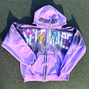 OEM Custom Men's Vintage Hooded <b>French</b> Terry Rhinestone Oversized Heavy Cotton Printed Sun Faded Acid Wash Zip Up Hoodie - Product Image 4