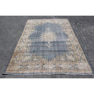 Alfombra de 7.4x10.4 pies, Alfombra Turca Vintage, Alfombra de Lana a Rayas Azul y Marrón - Product Image 1