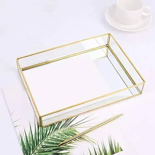 Lade Rechthoek Glas Met Messing Velg En Spiegel Base Kaptafel Decoratie (Gold, Grote)