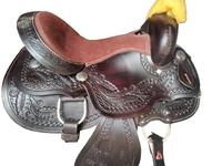 Selle de cheval Western anglaise en cuir véritable façonnée à la main, avec siège rembourré, motifs floraux sculptés, tapis de monte cowboy, et bride de cheval antichoc