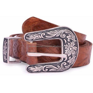 Handcrafted Quality Workmanship Western Leather Tooling <b>Belt</b> OEM Custom Design Hand Carved Tooled <b>Belt</b> 3 Piece Floral Buckle - Product Image 2