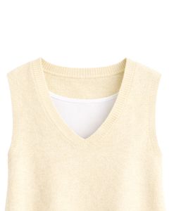Women Sleeveless Knit Sweater Vest Light <b>Beige</b> V Neck Pocket Design Winter Wear Custom Manufacturer Wholesale OEM Supplier Trade - Product Image 3
