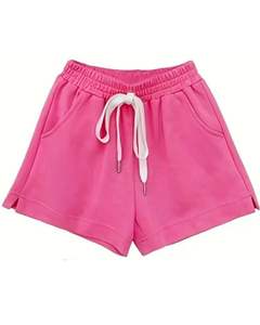 Shorts rose vif pour femmes, été, molleton doux, taille élastique, confortable, décontracté, vêtements de détente avec poches, bas légers et tendance - Product Image 1