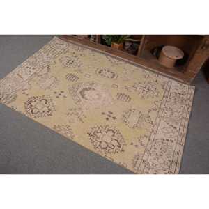 Vintage 39 X 63 ft Turkish Rug Handmade Yellow Beige Wool Classic Patchwork Design Rectangular Hallway for Bedside 4m Latex - Product Image 3