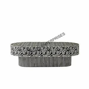 Mesa de Centro Redonda de Estilo Lujoso con Diseño Elegante Zig Zag, Incrustaciones de Hueso, Decoración Única para el Hogar, Mueble de Acento para Sala de Estar - Product Image 4