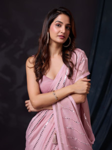 Trendmalls Unstitched Pink <b>Chocolate</b> Silk Saree Women Casual <b>Wedding</b> Mirror Work Embroidery Real Wholesale Price Indian Regular - Product Image 6