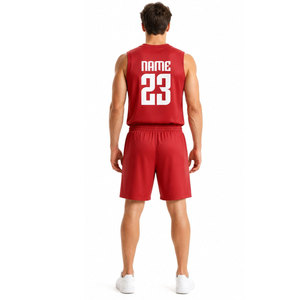 Ensemble de maillot de basket-ball personnalisé sublimé, rouge, col en V, sans manches, respirant, en mesh, avec le numéro 23 et un motif montagne - Product Image 5