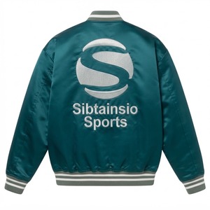 Chaqueta Bomber de Satén Color Verde Azulado con Cuello, Puños y Dobladillo de Punto Acanalado con Rayas Bordadas y Botones a Presión, Chaqueta de Béisbol Premium OEM - Product Image 6