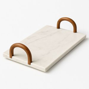 Plateau en marbre noir avec rayures blanches et poignées de fleurs dorées Plateau de service décoratif élégant pour collations et apéritifs - Product Image 5