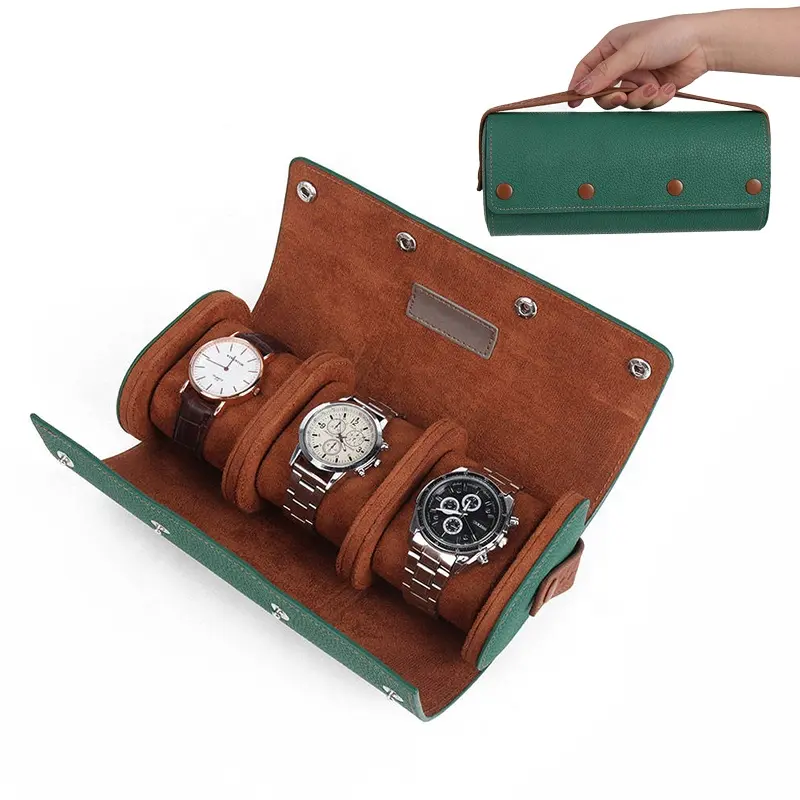 Rollo de reloj de cuero de alta gama para hombre, caja de lujo con 3 ranuras, cajas personalizadas