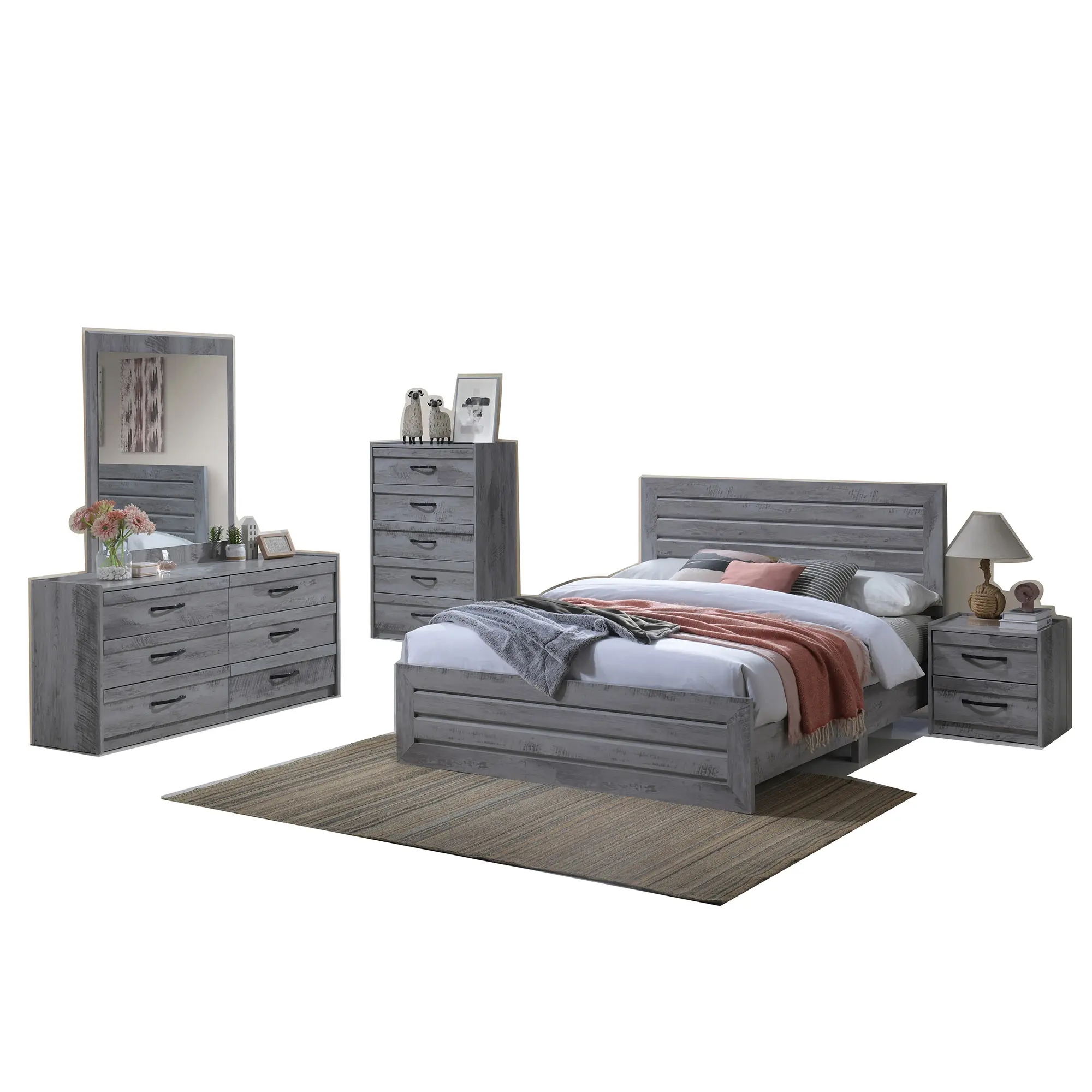 Hot Selling Eco-friendly Bedroom Full Set Comfort Sleeping Bed With 5 Drawers Chest & Dressing Table & Side Table With 2 Drawers