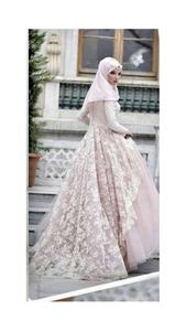 2023 Pink Muslim Evening <b>Dresses</b> Lace Long Sleeves High Neck-Saudi <b>Modest</b> Islam Prom Wedding Gowns Embroidery Pleats Pearls - Product Image 4