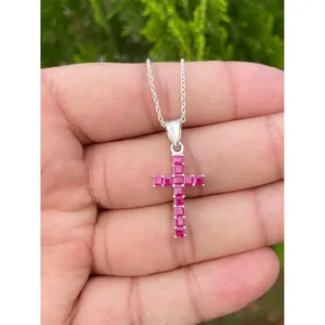925 Silver <b>Ruby</b> Cross <b>Necklace</b> Rhodium Christian 14K Gold 18K Platinum Zircon Diamond Pearl for Engagement Number Shape Pattern - Product Image 1