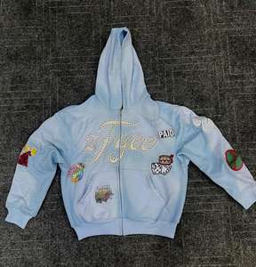 Sweat à capuche surdimensionné à fermeture éclair pour homme, avec lettres streetwear appliquées, broderie, effet délavé à l'acide, design en strass - Product Image 2