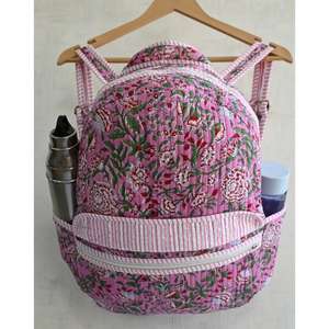 Handmade Indian Block Print Quilted Cotton <b>Mini</b> <b>Backpack</b> Unisex Boho Floral Lightweight Zipper Bag for Camping Daily Use Travel - Product Image 2