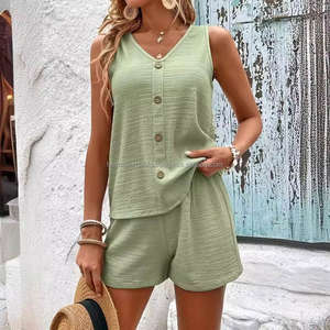 Damen Freizeitanzug Ärmellos Sommer Terry Gewaschen V-Ausschnitt Knopfleiste Lässiges 2-Teiliges Set mit Top und Shorts - Product Image 3