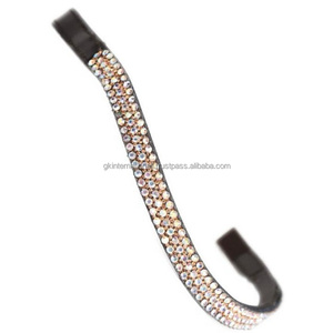 Nouveau design personnalisé 100% bande de front de cheval en cuir véritable pleine fleur avec des cristaux dorés et clairs Designer grande chaîne Diamante - Product Image 1