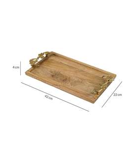 Plateau de service rectangulaire en bois de manguier de qualité supérieure, écologique, décoratif, finition laquée, poignées en feuille d'or, pour mariage et événements - Product Image 2