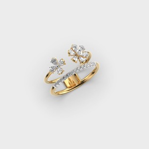 Bague ouverte à double bande en or jaune/blanc et rose 18 carats avec diamants cultivés en laboratoire certifiés IGI, de forme ronde et poire, sertie de diamants pavés - Product Image 3