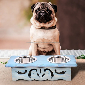 Bols surélevés en acier inoxydable en bois d'acacia lavé bleu Station d'alimentation et d'eau pour animaux de compagnie Mangeoire pour chiens et chats Bols et mangeoires surélevés - Product Image 4